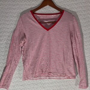 Boden Pink & White Striped V-Neck Long Sleeve Tee